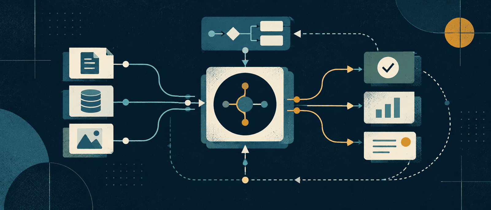 Abstract AI agent orchestrating tools, data, and multi-step workflows